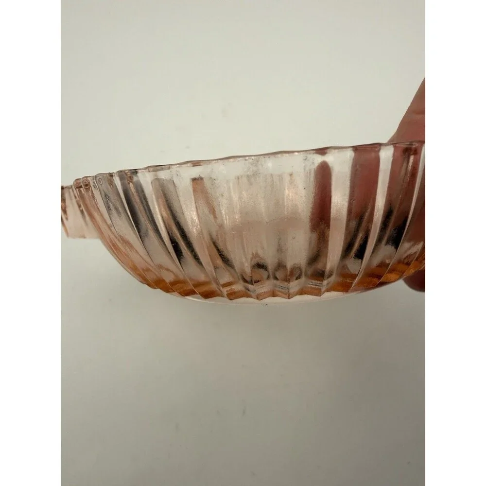 Vintage Pink Depression Glass Dessert Bowl with Handle Ribbed Scalloped 4”